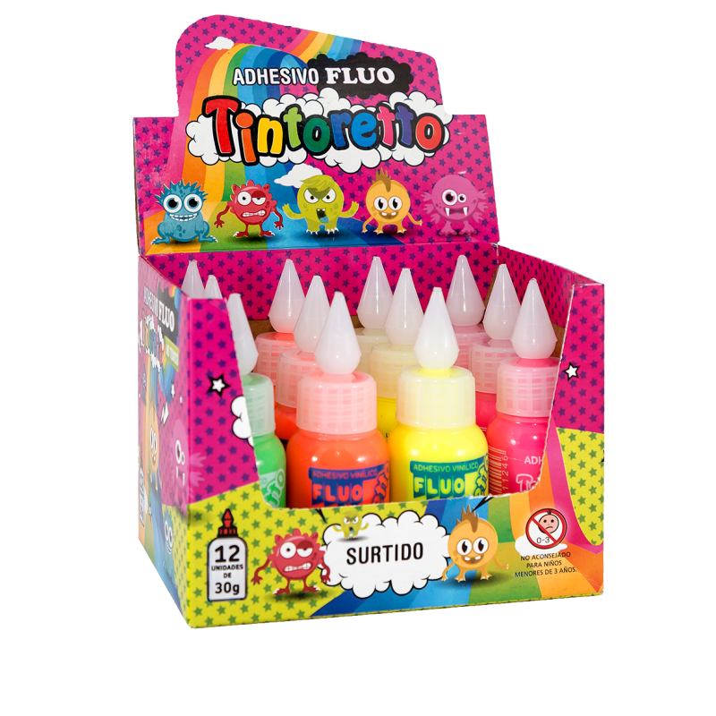 ADHESIVO COLOR FLUO SURTIDO X12 UNIDADES 30 GRAMOS